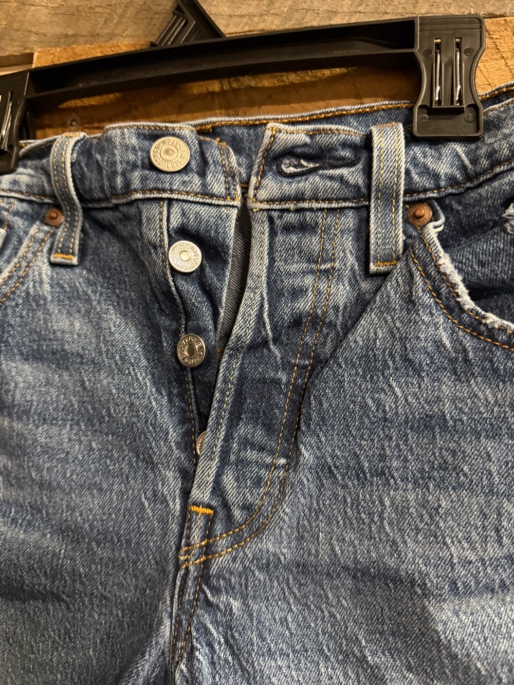 Levi's Button-Fly Distressed Blue Denim Shorts - Picture 3 of 11